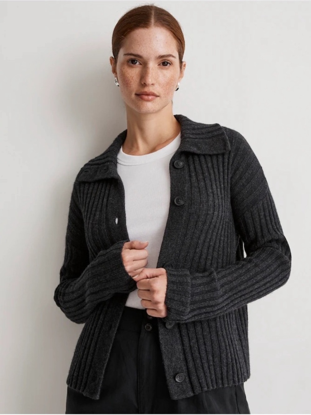 Madewell Oversized Collar Charcoal Gray Ribbed Knit Sweater Cardigan Medium